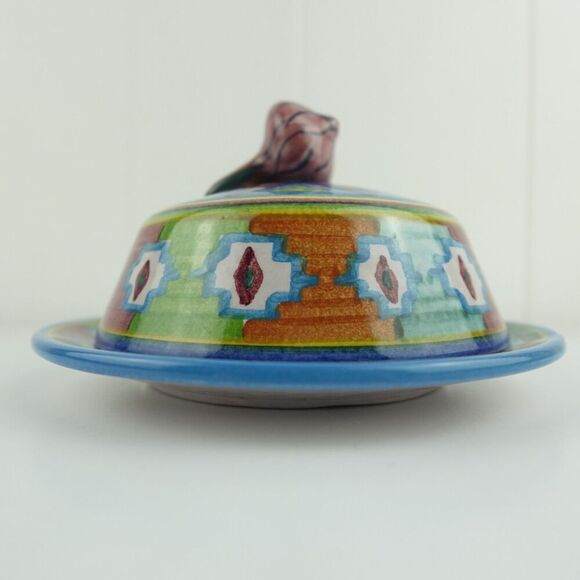 Mexican Colorful Pottery Art Covered Butter Cheese Dish Signed By The Artist - Picture 5 of 12